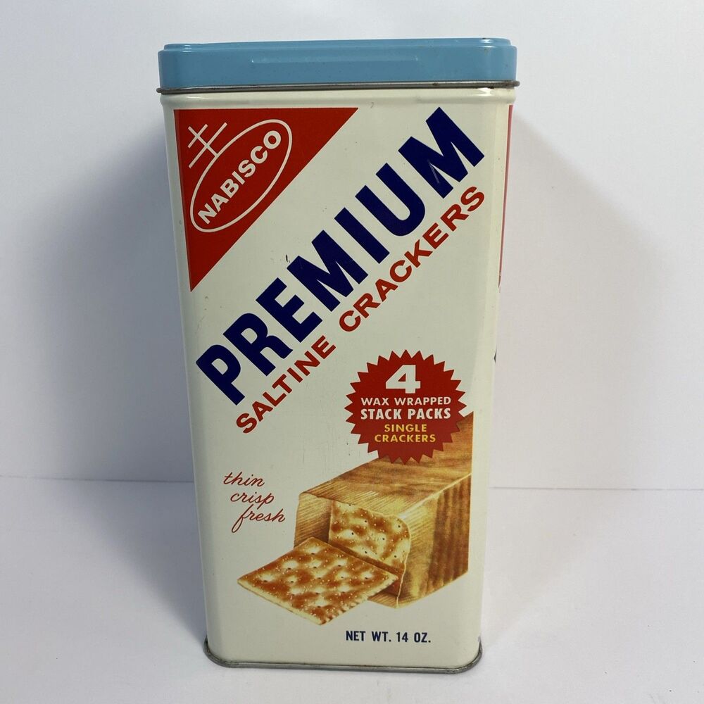 Vintage Cracker Canister Tin Premium Saltine Nabisco Box English Spanish Kitsch